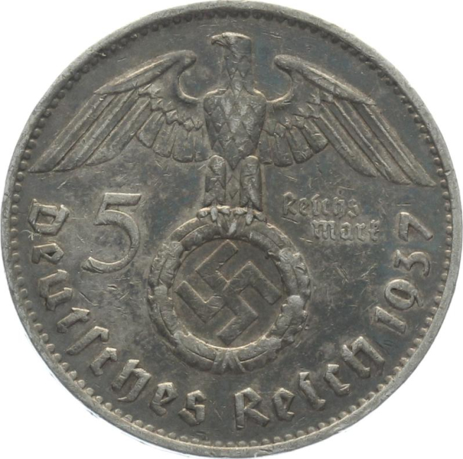 3. Reich 5 Mark 1937 F - Adler über Hakenkreuz